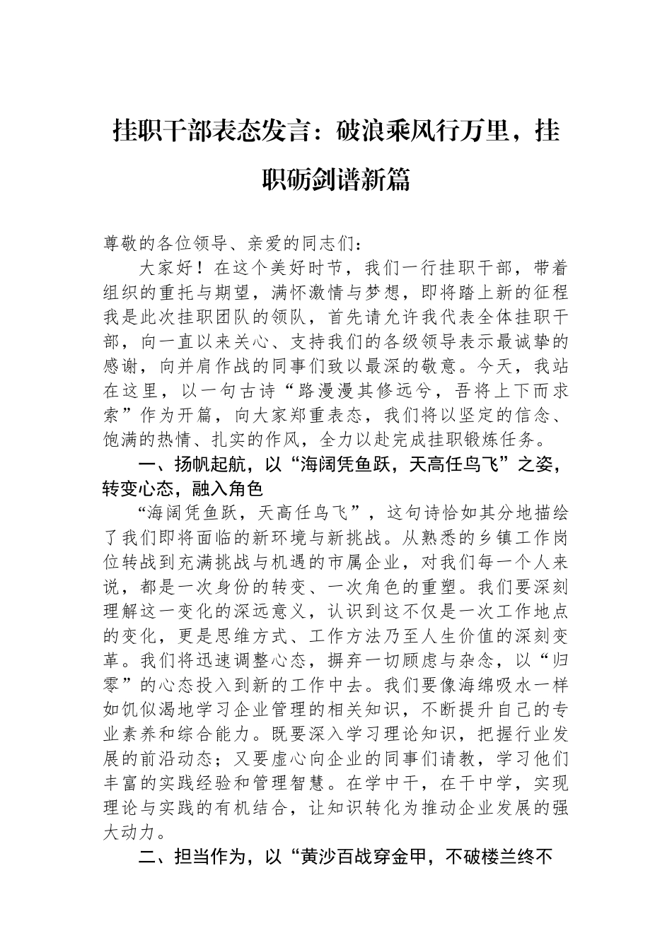 挂职干部表态发言：破浪乘风行万里，挂职砺剑谱新篇_第1页