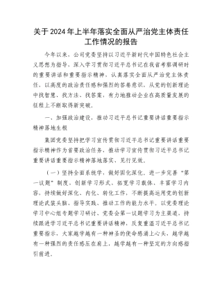 关于2024年上半年落实全面从严治党主体责任工作情况的报告