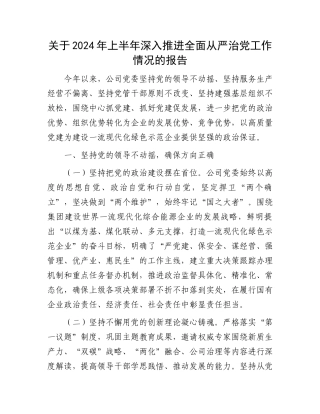 关于2024年上半年深入推进全面从严治党工作情况的报告