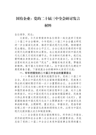 国有企业：党的二十届三中全会研讨发言材料