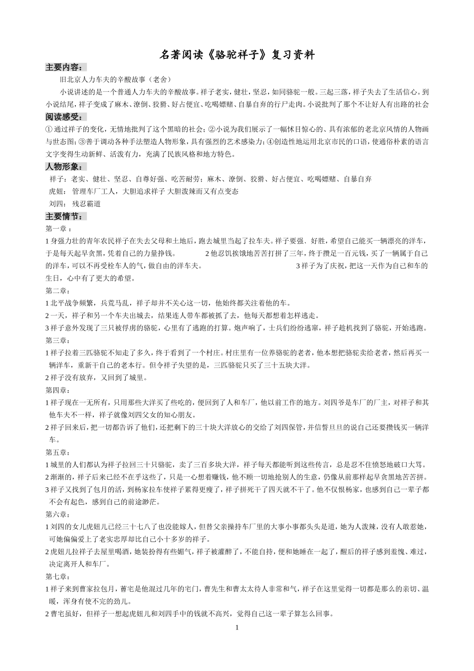 名著《骆驼祥子》复习题(答案)(同名4243)_第1页