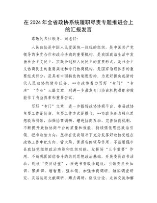 在2024年全省政协系统履职尽责专题推进会上的汇报发言