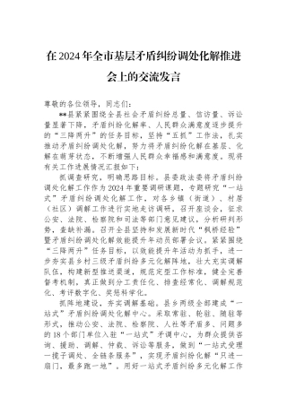 在2024年全市基层矛盾纠纷调处化解推进会上的交流发言