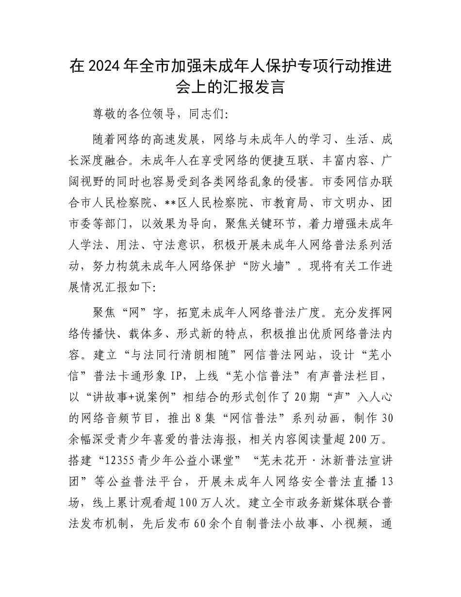 在2024年全市加强未成年人保护专项行动推进会上的汇报发言_第1页