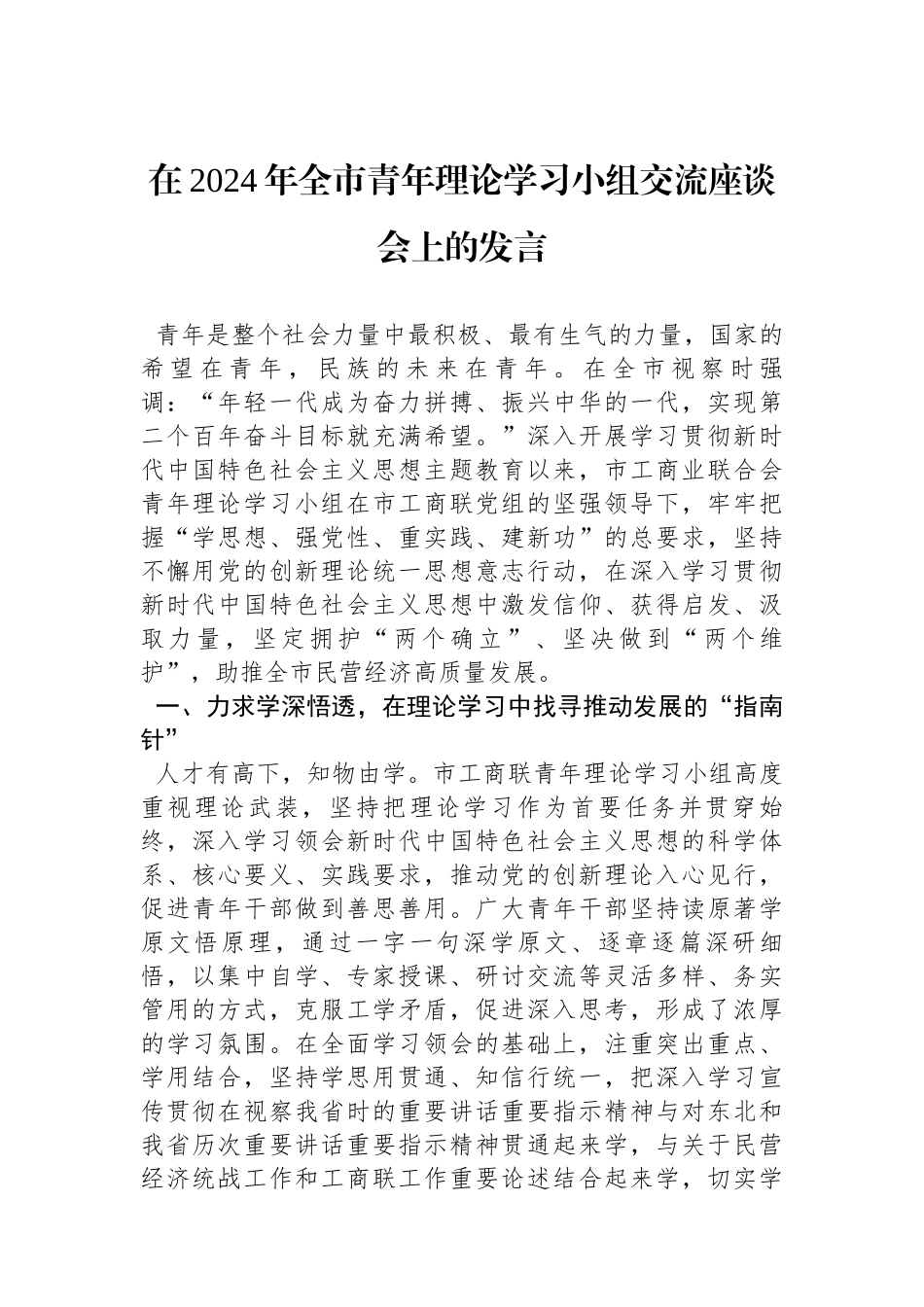在2024年全市青年理论学习小组交流座谈会上的发言_第1页