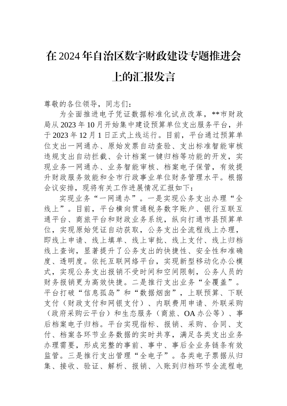 在2024年自治区数字财政建设专题推进会上的汇报发言_第1页