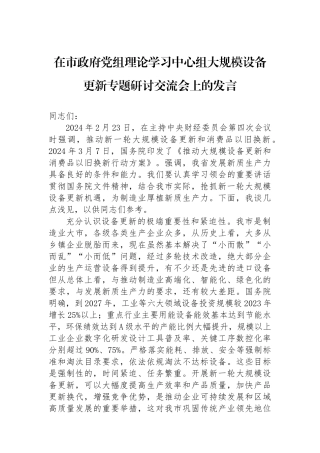 在市政府党组理论学习中心组大规模设备更新专题研讨交流会上的发言