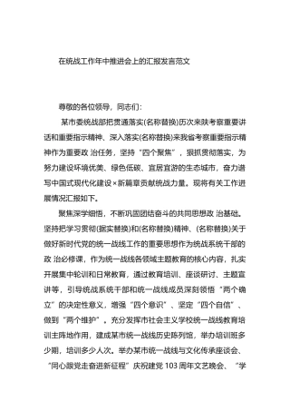 在统战工作年中推进会上的汇报发言范文