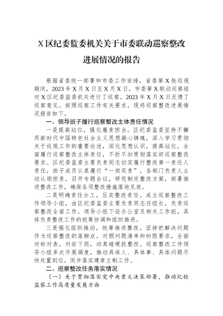 X区纪委监委机关关于市委联动巡察整改进展情况的报告