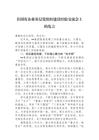 在国有企业基层党组织建设经验交流会上的发言