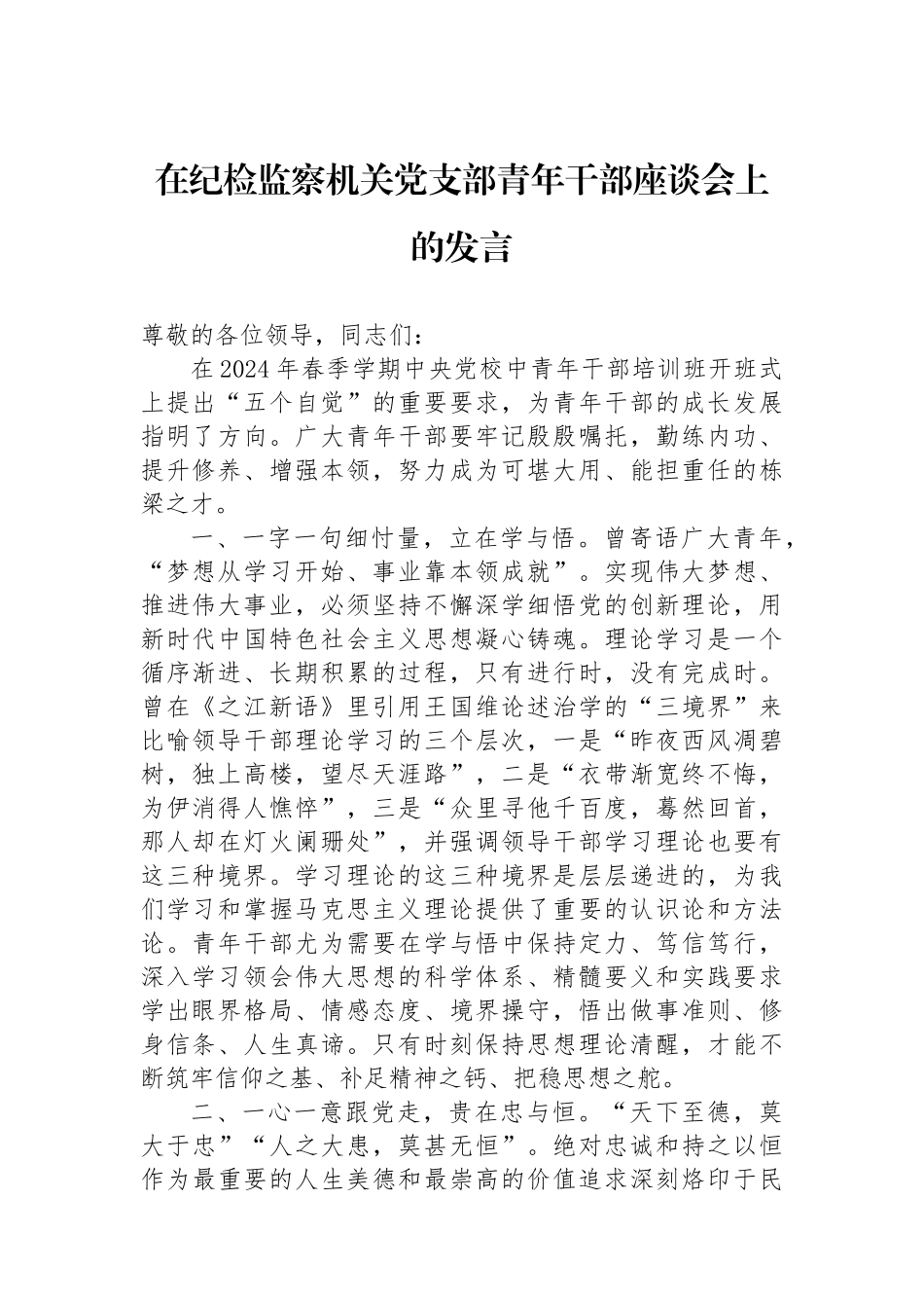 在纪检监察机关党支部青年干部座谈会上的发言_第1页