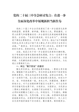 党的二十届三中全会研讨发言：在进一步全面深化改革中展现新担当新作为