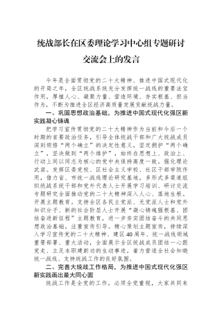 统战部长在区委理论学习中心组专题研讨交流会上的发言