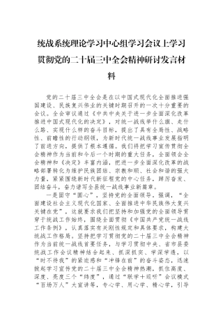 统战系统理论学习中心组学习会议上学习贯彻党的二十届三中全会精神研讨发言材料