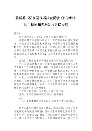 县区委书记在巡视巡核查反馈工作会议上的主持词和表态发言讲话提纲