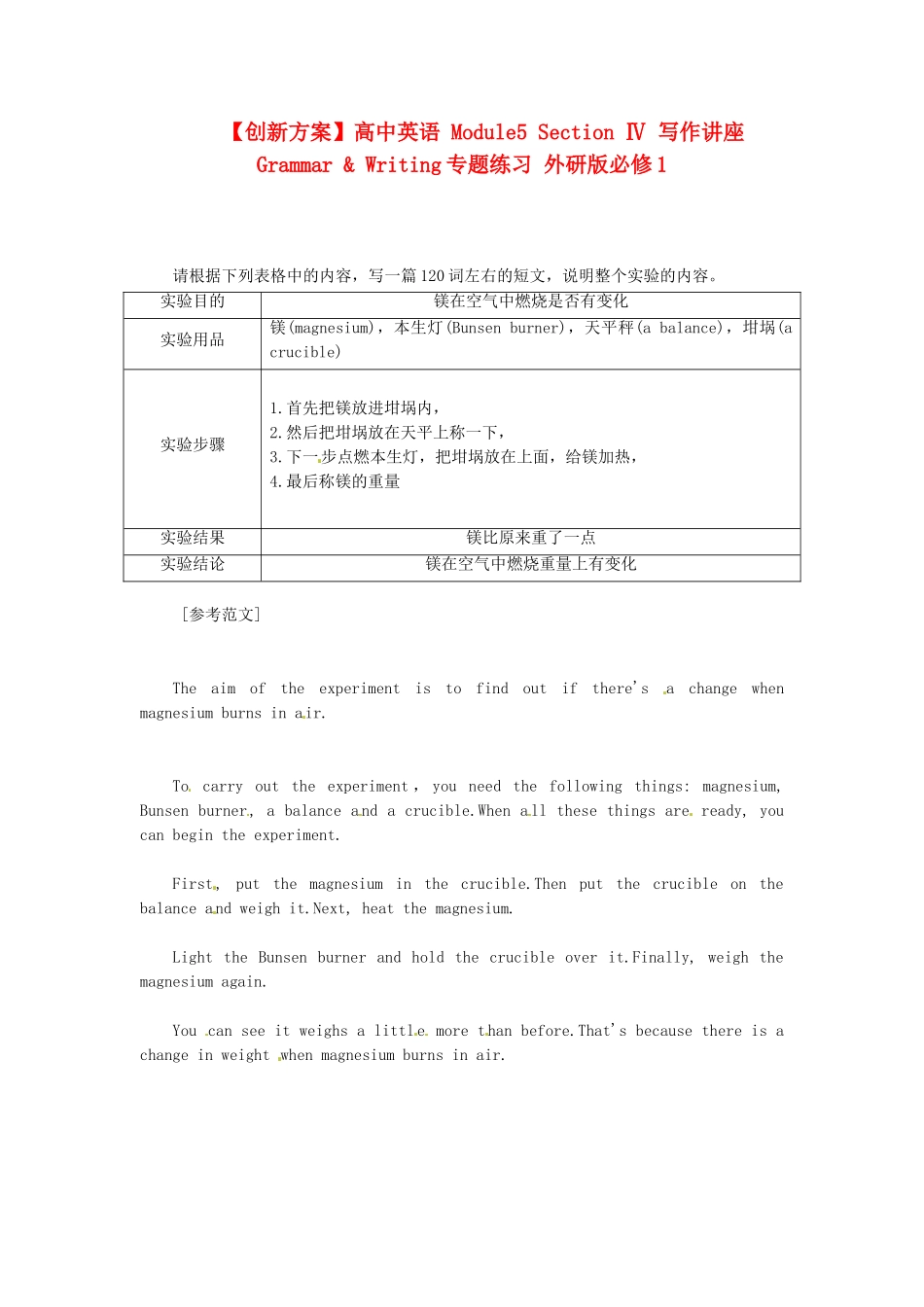 高中英语 Module5 Section Ⅳ 写作讲座 Grammar & Writing专题练习 外研版必修1_第1页