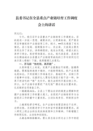 县委书记在全县重点产业链培育工作调度会上的讲话
