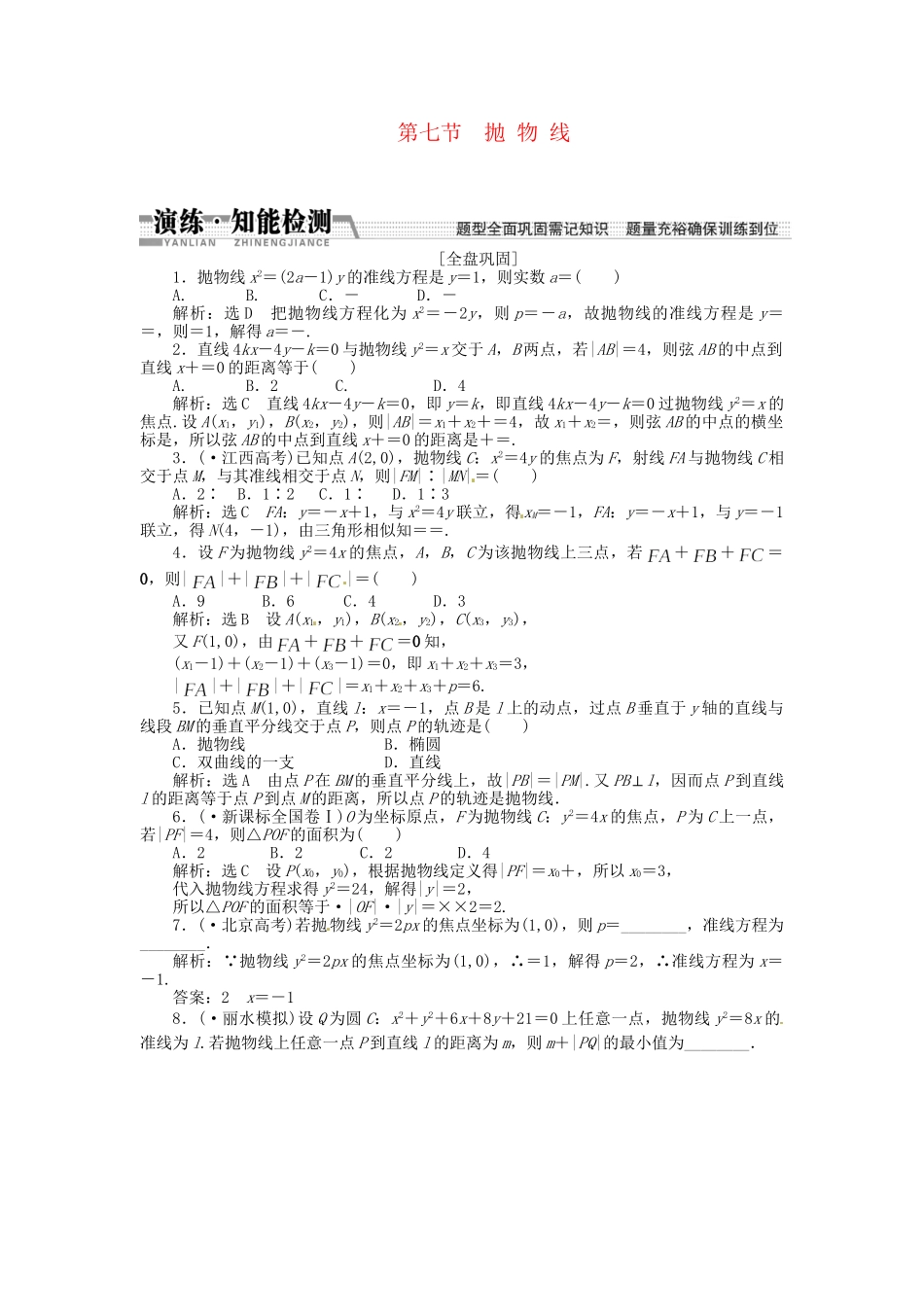 高考数一轮复习 第八章 第七节 抛物线演练知能检测 文_第1页