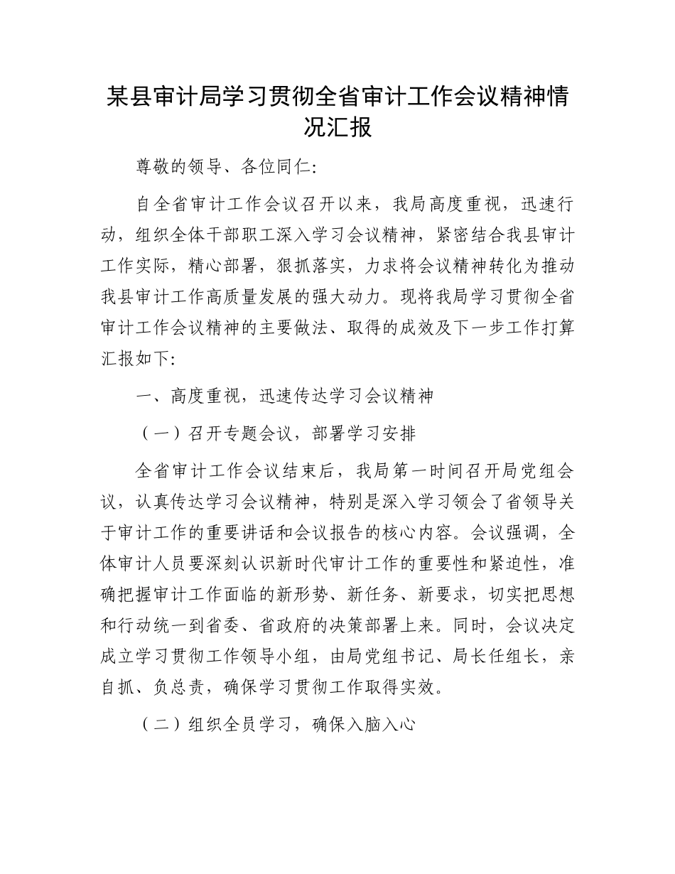 某县审计局学习贯彻全省审计工作会议精神情况汇报_第1页