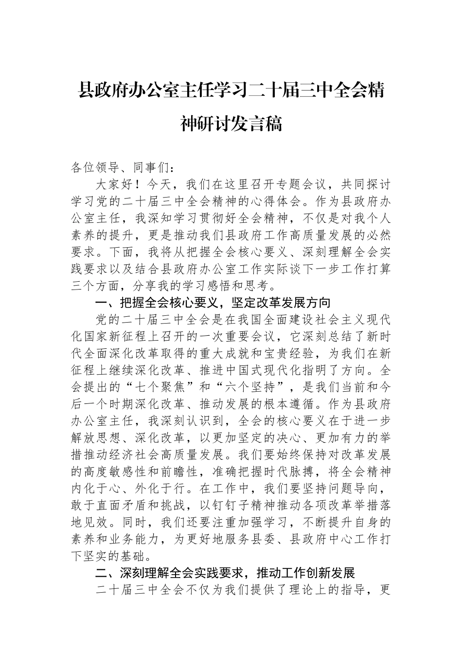 县政府办公室主任学习二十届三中全会精神研讨发言稿_第1页