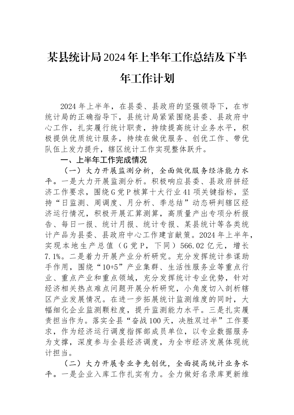 某县统计局2024年上半年工作总结及下半年工作计划_第1页
