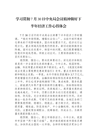 学习贯彻7月30日中央政治局会议精神做好下半年经济工作心得体会