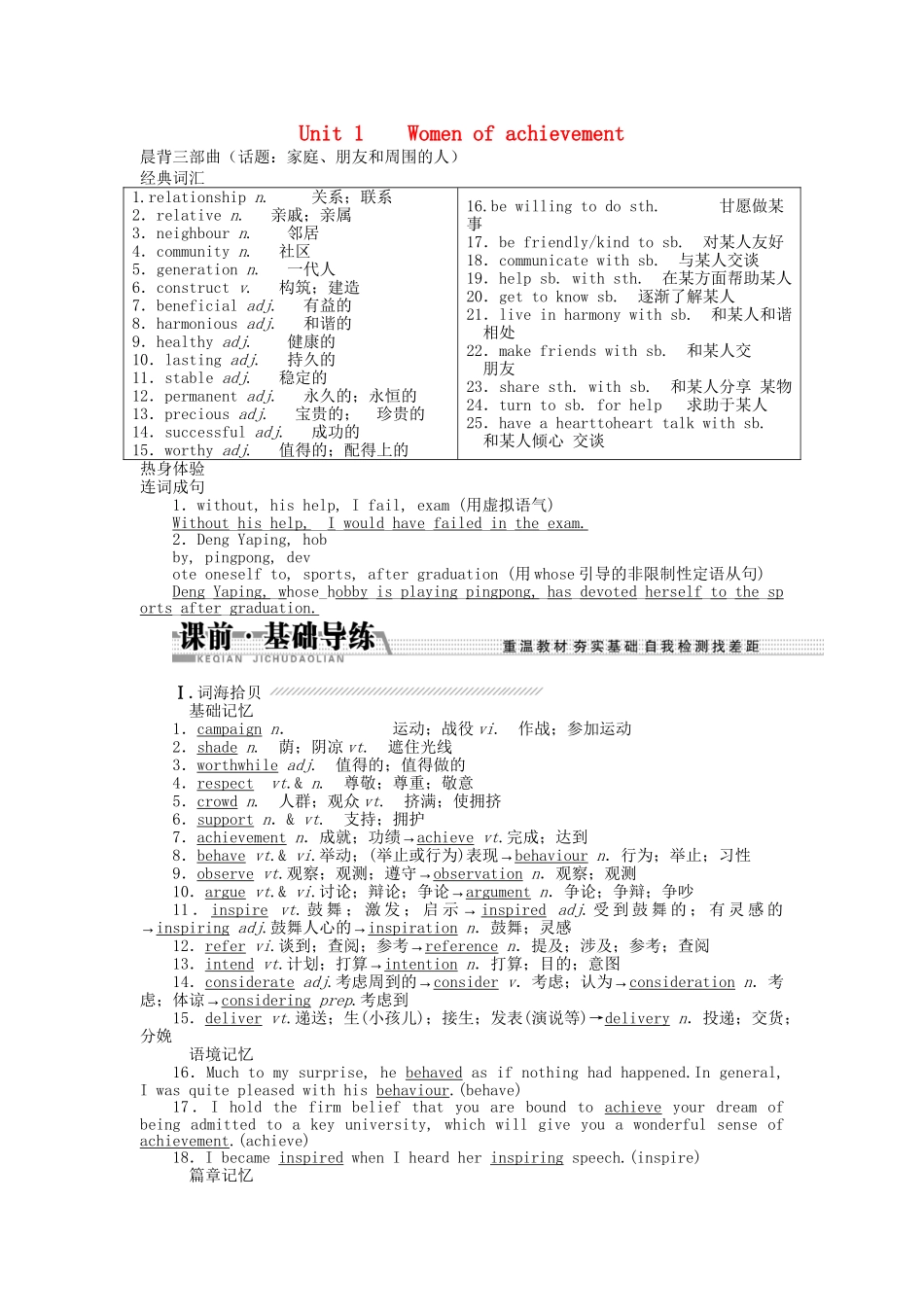 高考英语一轮复习讲义（课前基础导练+课堂互动探究+课后知能提升）Unit 1 Women of achievement 新人教版必修4_第1页