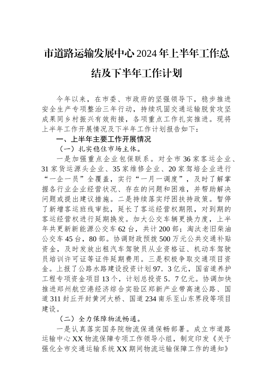 市道路运输发展中心2024年上半年工作总结及下半年工作计划_第1页