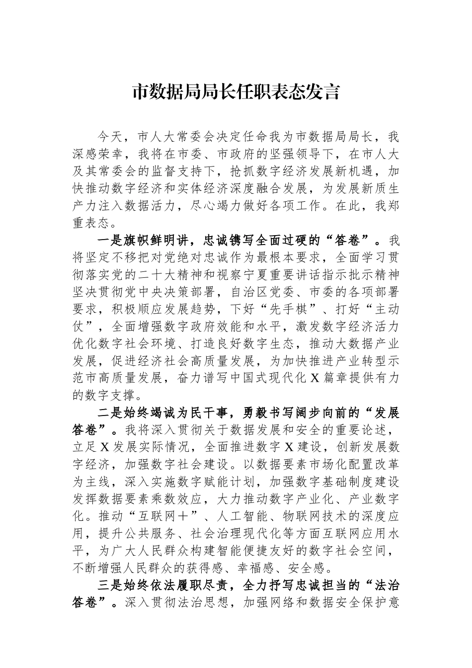 市数据局局长任职表态发言_第1页
