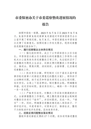 市委保密办关于市委巡察整改进展情况的报告