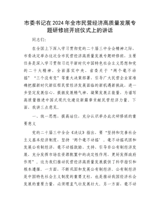 市委书记在2024年全市民营经济高质量发展专题研修班开班仪式上的讲话