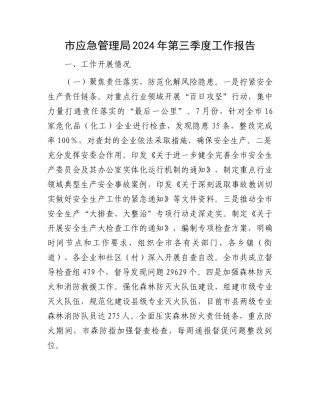 市应急管理局2024年第三季度工作报告