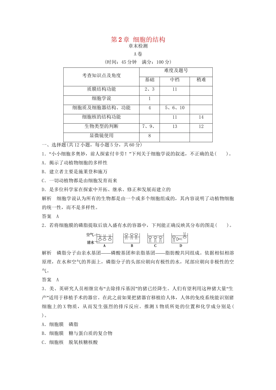 高中生物 第2章 细胞的结构章末检测 浙科版必修1_第1页