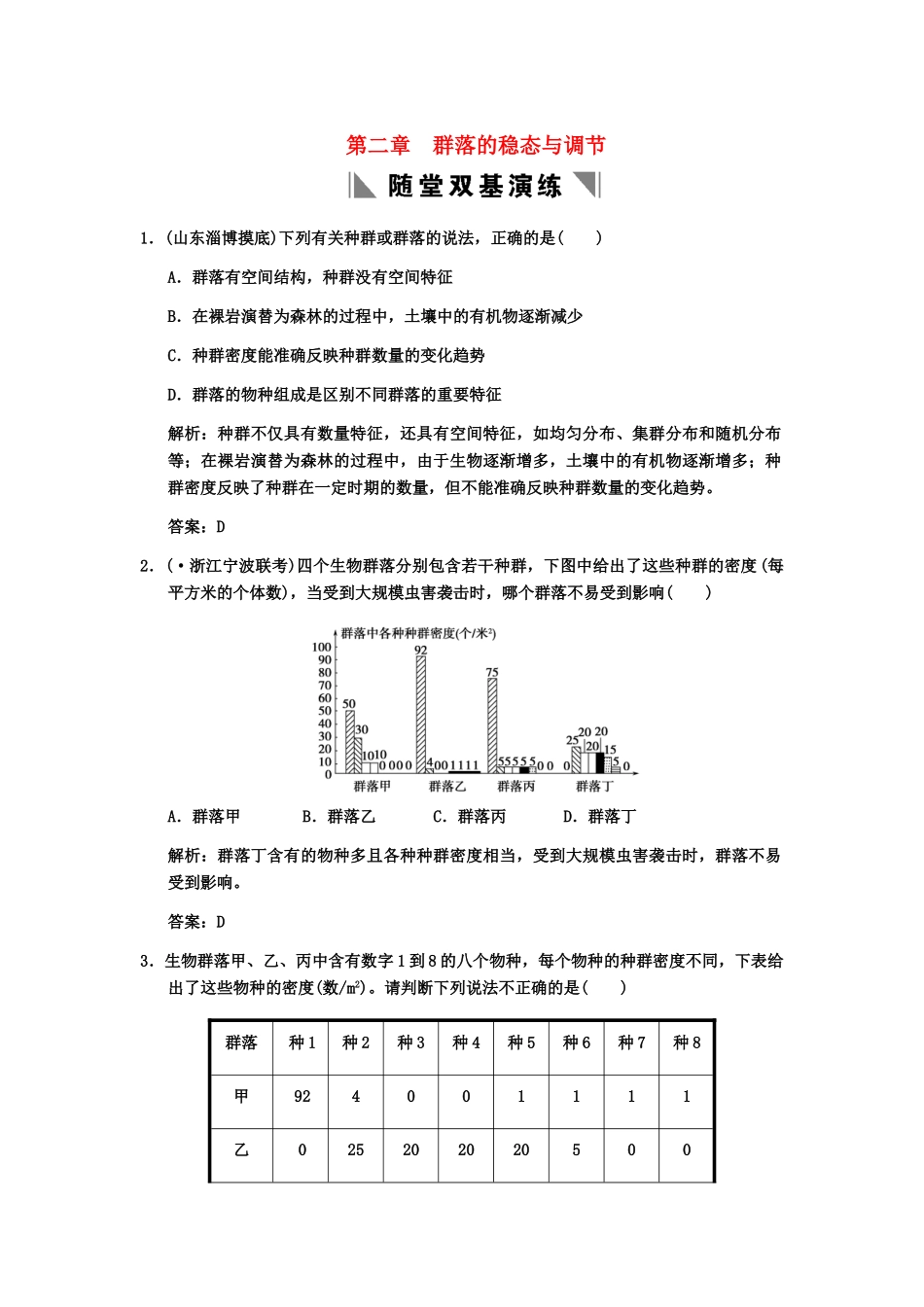 高考生物一轮复习 2-2群落的稳态与调节随堂双基演练 中图版选修1_第1页