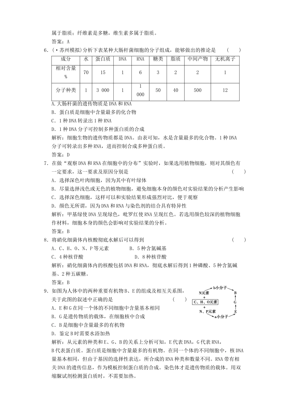 高考生物一轮复习 第二章第4讲 核酸、糖类和脂质随堂演练 苏教版必修1 _第2页