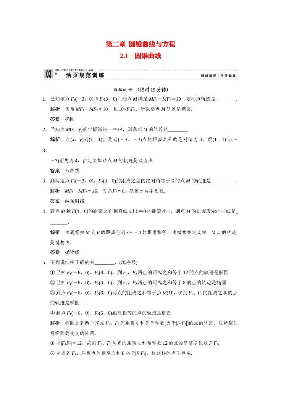 高中数学 2-1圆锥曲线规范训练 苏教版选修2-1_第1页