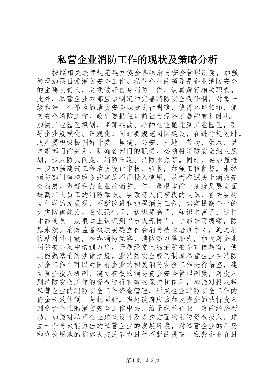 2024年私营企业消防工作的现状及策略分析_第1页