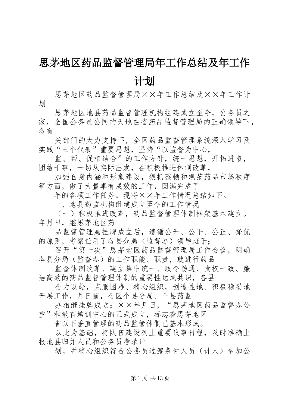 2024年思茅地区药品监督管理局年工作总结及年工作计划_第1页