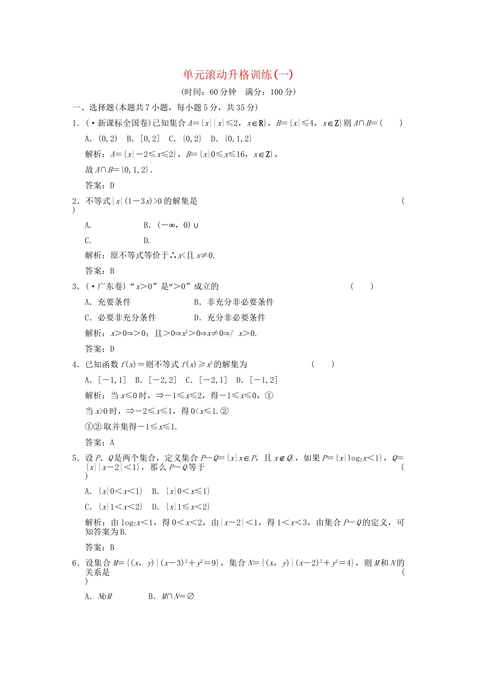 高考数学总复习 第1章 集合与简易逻辑 单元滚动升格训练（一）训练 大纲人教版（文）_第1页