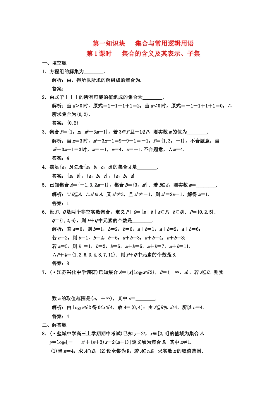 高三数学一轮复习 1-1 集合的含义及其表示、子集随堂训练 理 苏教版_第1页