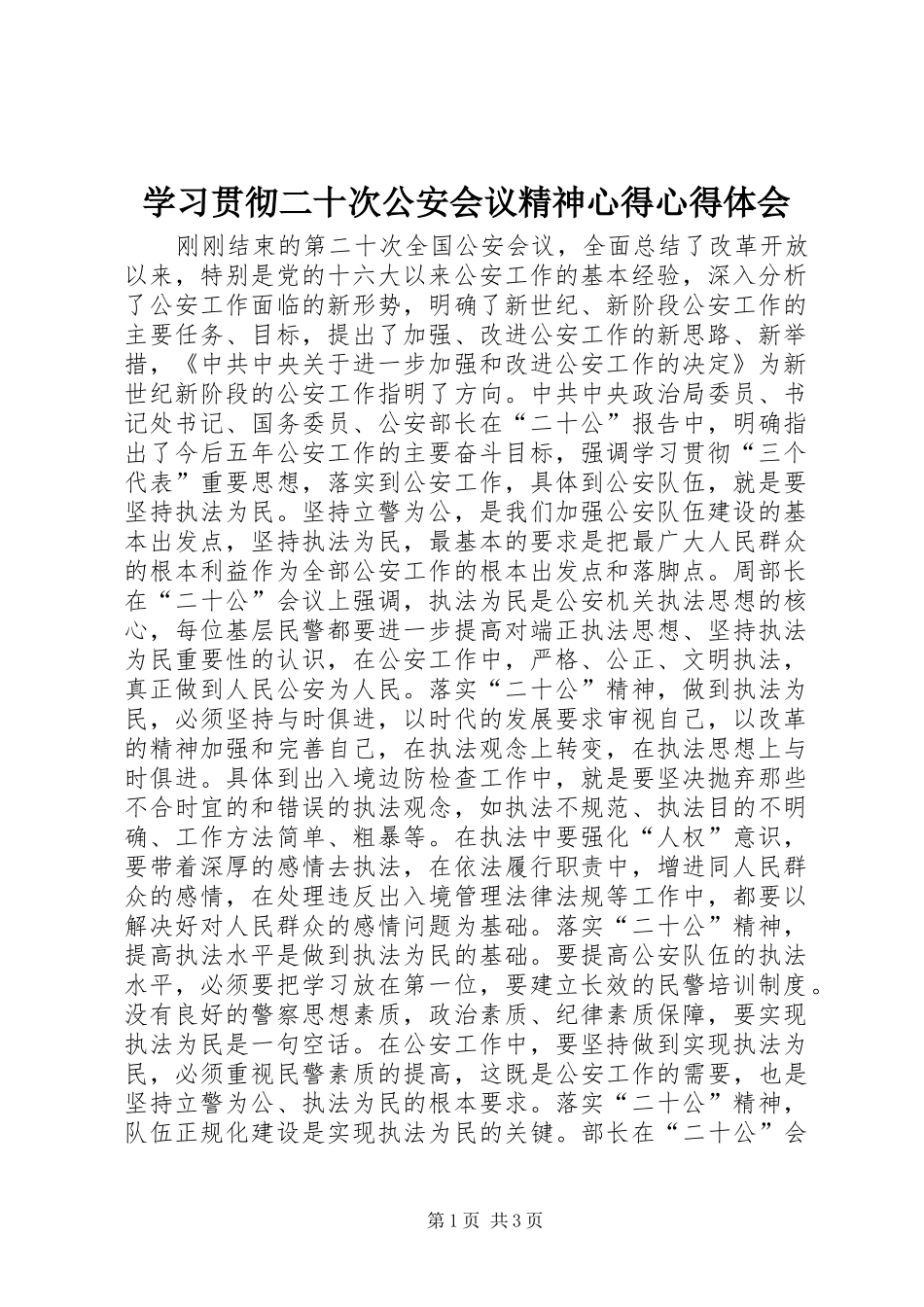 2024年学习贯彻二十次公安会议精神心得心得体会_第1页
