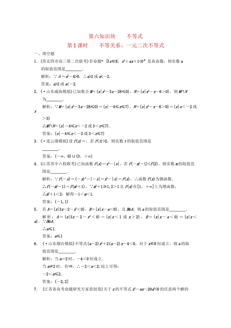 高三数学一轮复习 6-1不等关系、一元二次不等式随堂训练 文 苏教版_第1页
