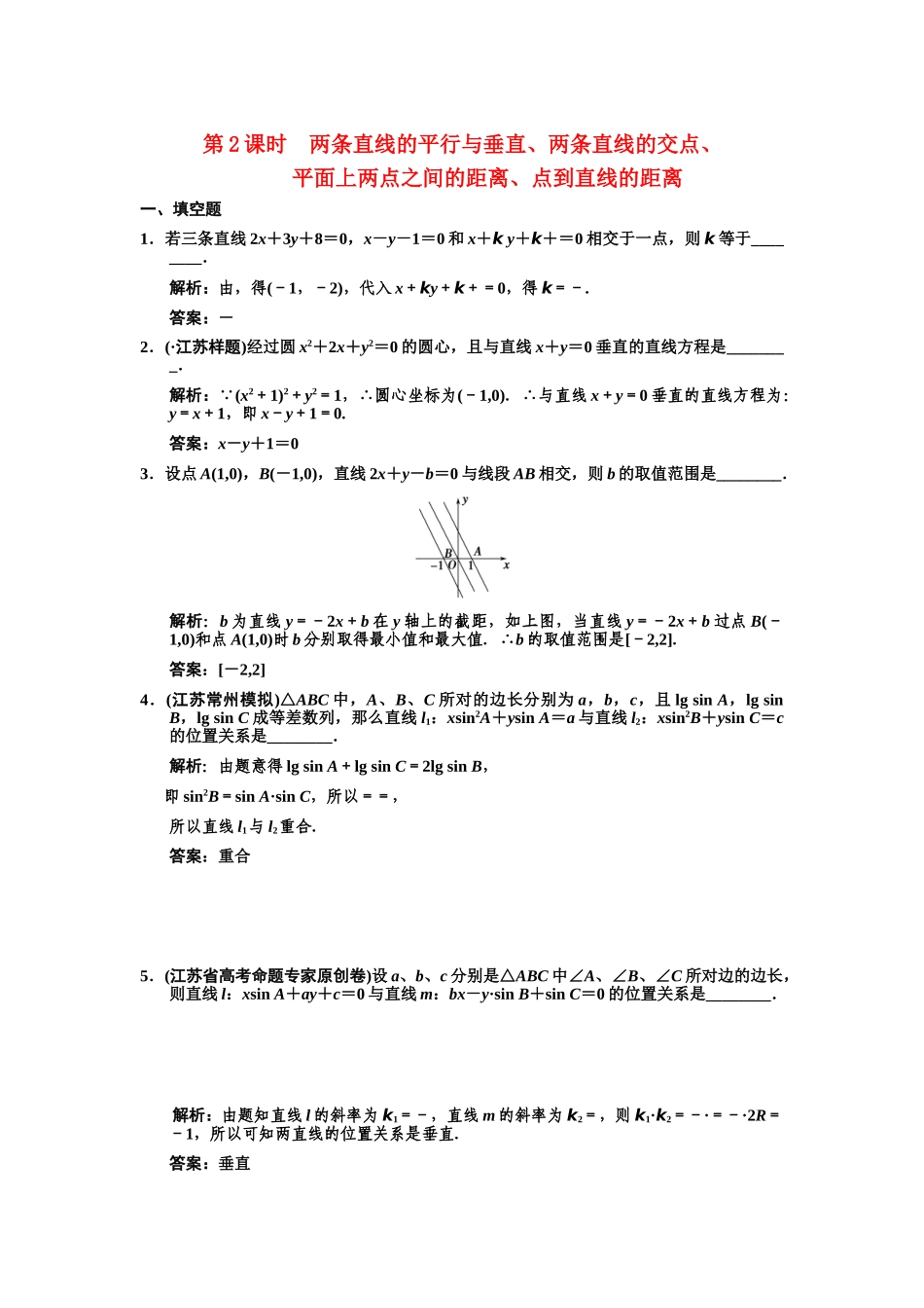 高三数学一轮复习 8-2两条直线的平行与垂直、两条直线的交点、平面上两点之间的距离、点到直线的距离随堂训练 理 苏教版_第1页