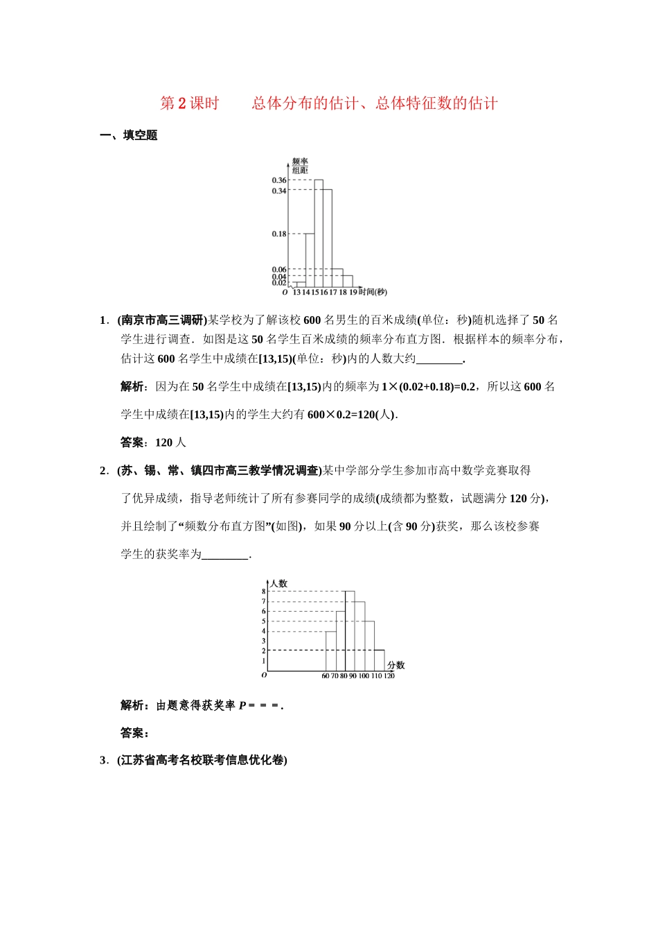 高三数学一轮复习 9-2总体分布的估计、总体特征数的估计随堂训练 理 苏教版_第1页