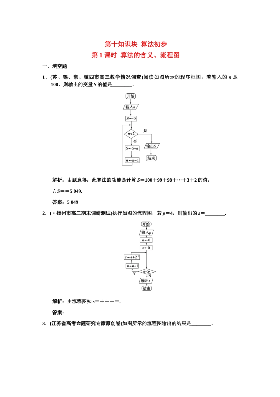 高三数学一轮复习 10-1算法的含义、流程图随堂训练 理 苏教版_第1页