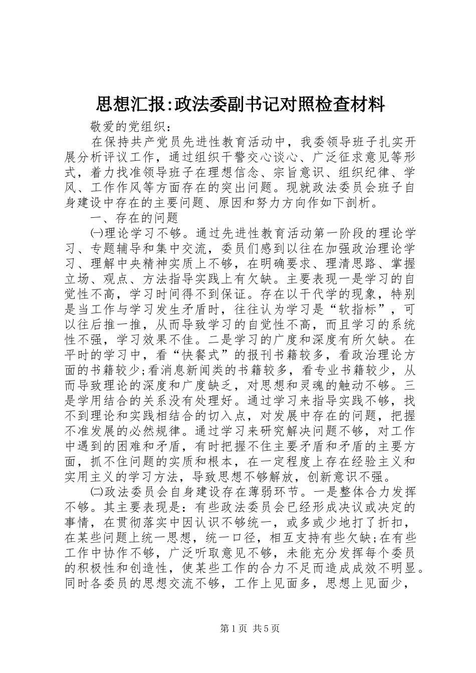 2024年思想汇报政法委副书记对照检查材料_第1页