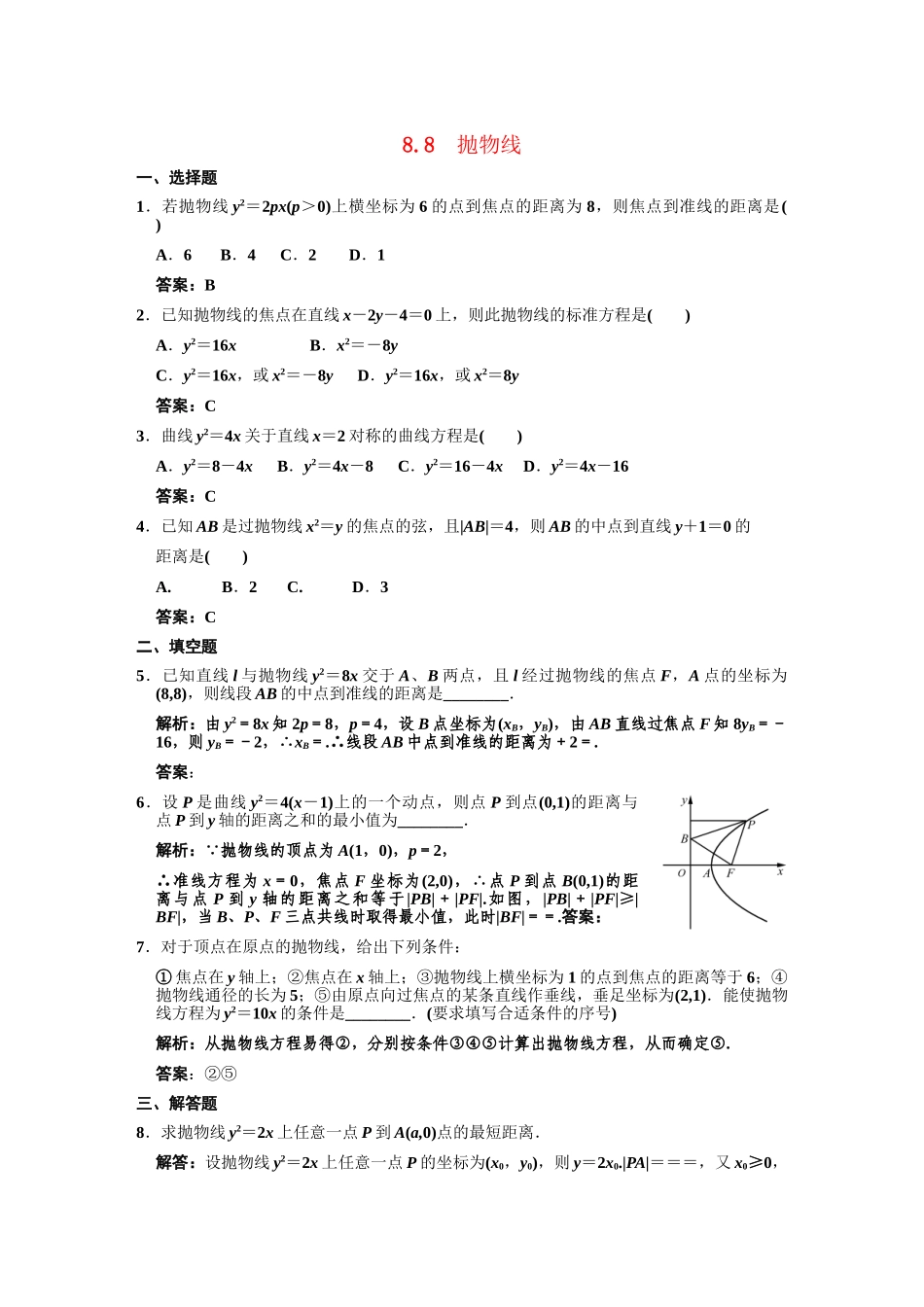 高三数学一轮复习 第8单元 8.8  抛物线随堂训练 理 新人教B版_第1页