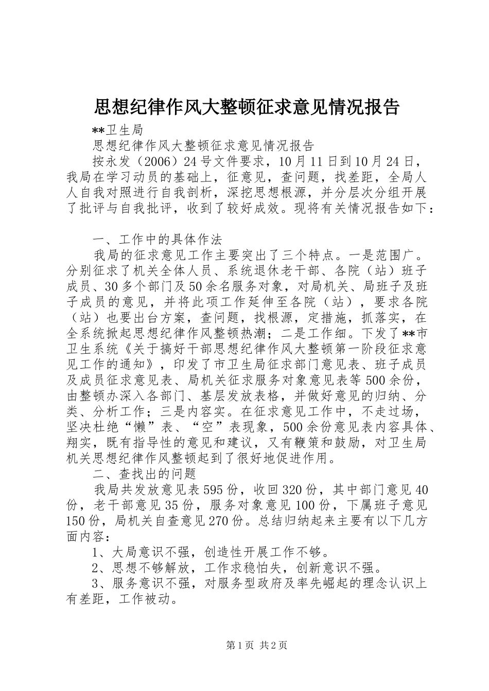 2024年思想纪律作风大整顿征求意见情况报告_第1页