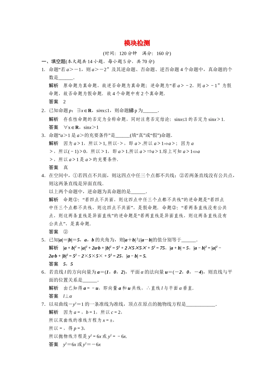 高中数学 模块检测 苏教版选修2-1_第1页