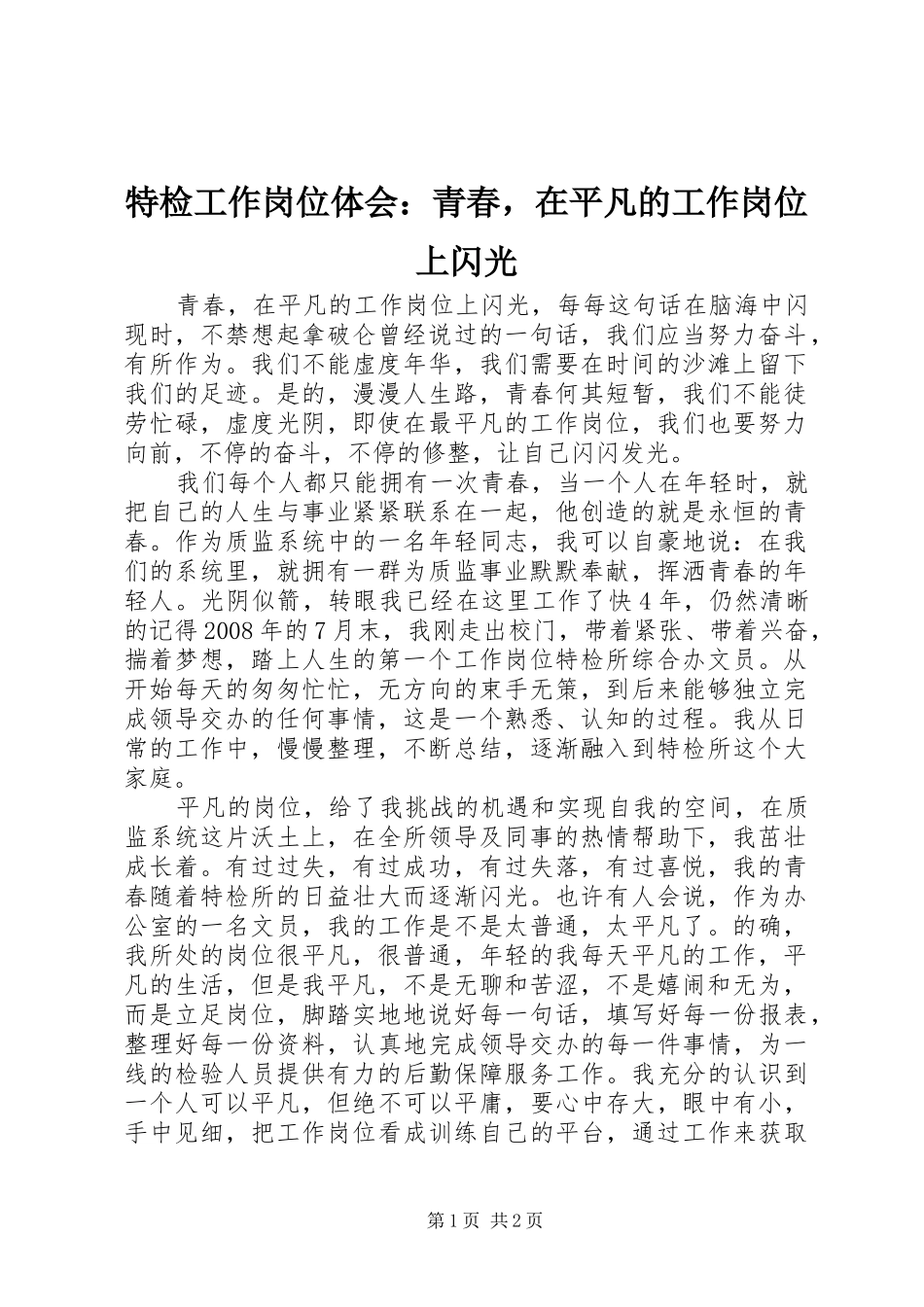 2024年特检工作岗位体会青春，在平凡的工作岗位上闪光_第1页
